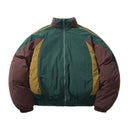 Multicolored jacket with green, brown, and yellow sections on a white background