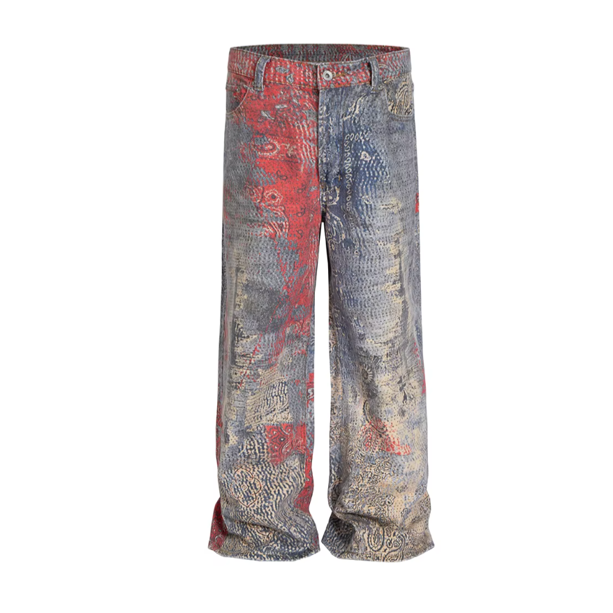 関送込 DND4DES Striped Patchwork Distressed Baggy Jeans DND4DES Striped Patchwork Distressed Baggy Jeans