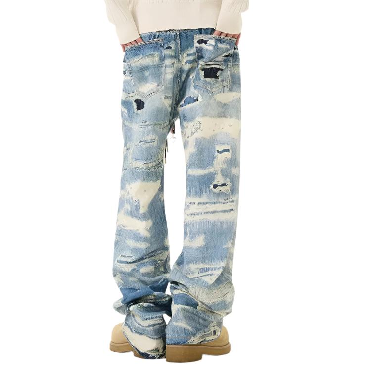 【WONDER WONDER】Jay Vintage Damage Denim Pants COSMIC WONDER Damaged Knee Patch Jeans Blue 0 | PLAYFUL