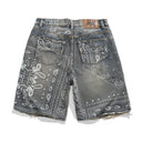 Frayed Paisley Denim Shorts